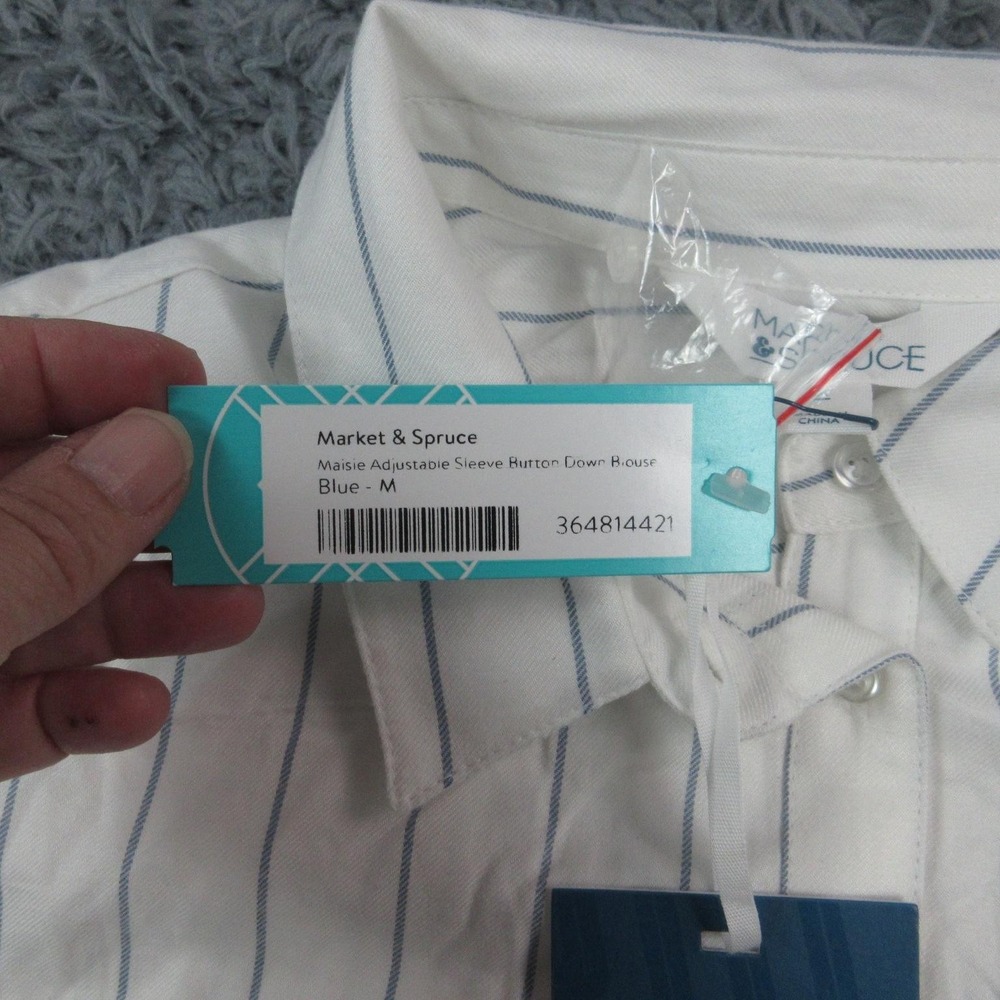 Market & Spruce Blouse Womens Medium White Blue Stripe Maisie Button Rayon NWT - Picture 9 of 13